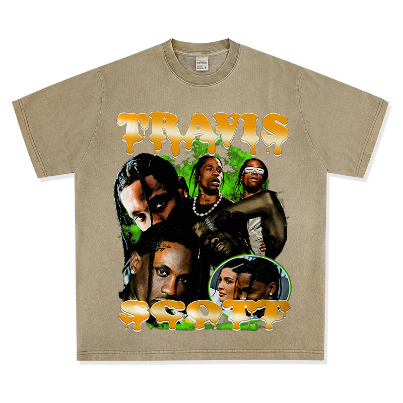 Streetwear masculino vintage hip hop Travis Scott Travis print short sleeve t-shirt