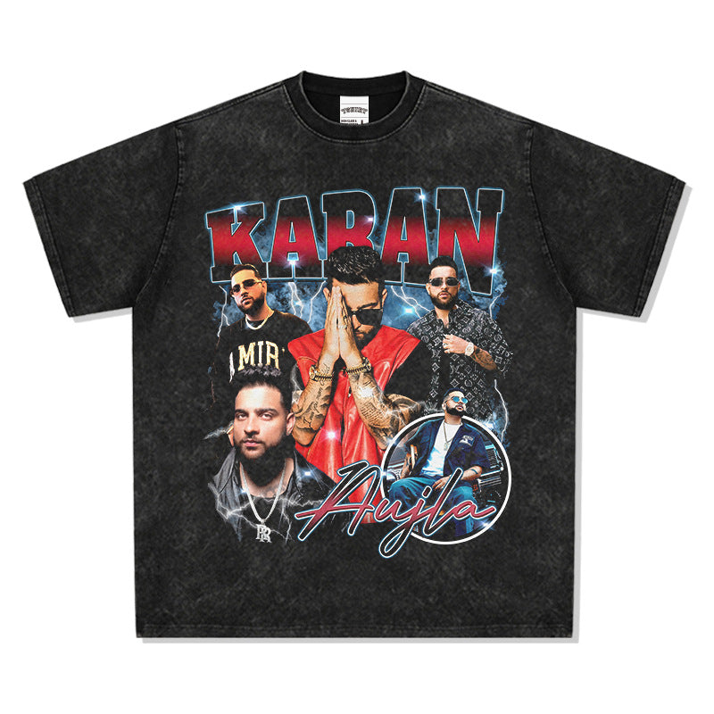 Outfit streetwear vintage hip hop Karan Aujla print short sleeve t-shirt