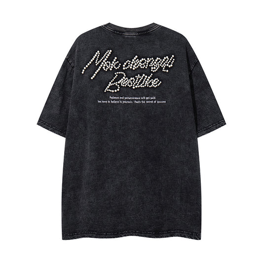 Nostalgia T Shirts Vintage Pearl Letter Short Sleeve T-Shirt Summer Crew Neck Top