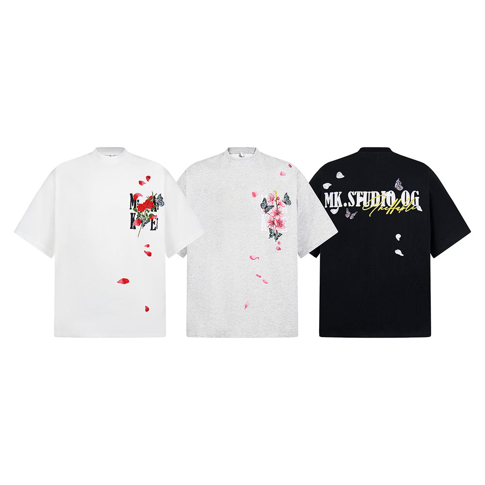 Hip Hop Clothes New York Vintage Embroidered Floral Summer Short Sleeve T-Shirt