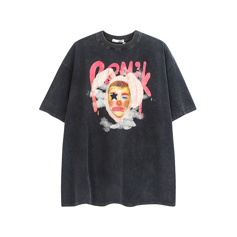 Hip Hop Clothes New York Vintage Wash Make Old Clown Print Short Sleeve T-Shirt
