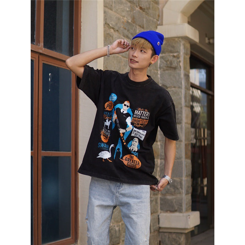 Film Star T Shirt European and American Classic Movie Hot Fuzz Cotton Loose Nostalgic Short Sleeve Trendy T-shirt Men