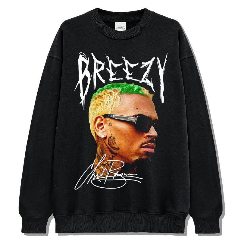 Marcas streetwear usa vintage hip hop Chris Brown print crew neck sweater wash sweater
