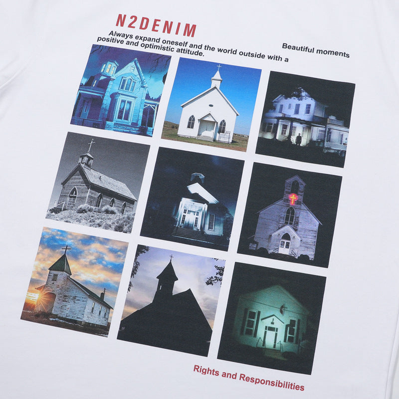 Stone Wash T shirt Building Print Short Sleeve T-Shirt
