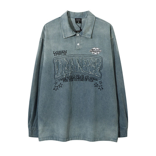 Marcas De Streetwear Washed Old POLO Shirt Loose Denim Long Sleeve T-Shirt