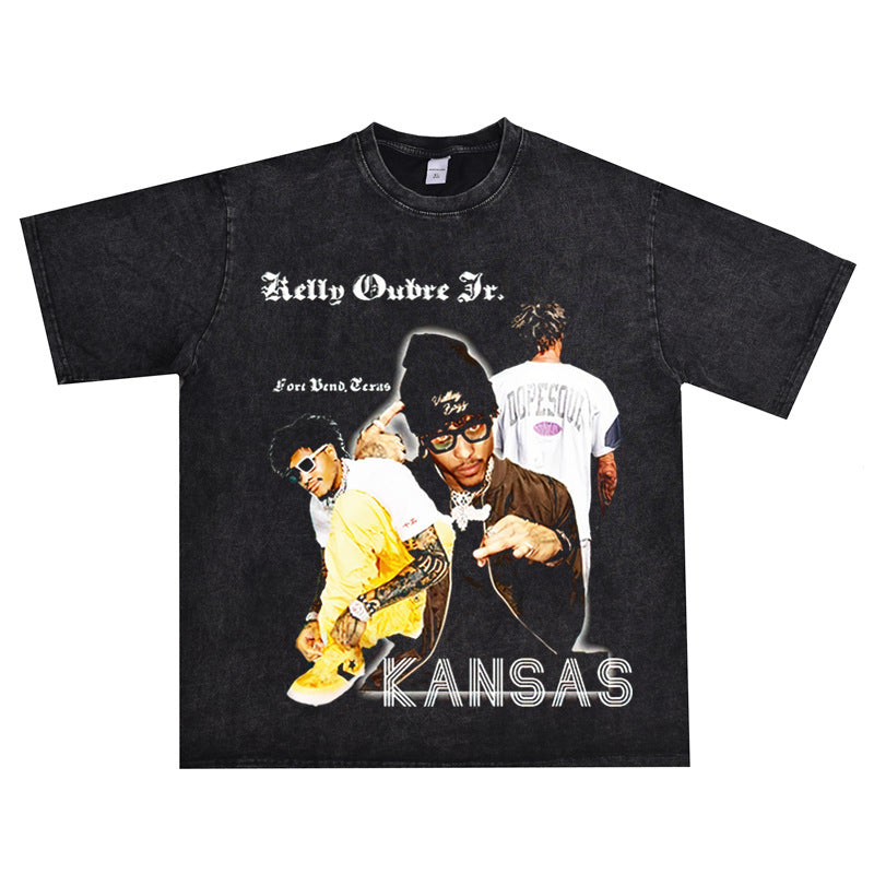 Film Star T Shirt Kelly Oubre Printed T-shirt Short Sleeve Loose Retro Pure Cotton Washed Distressed