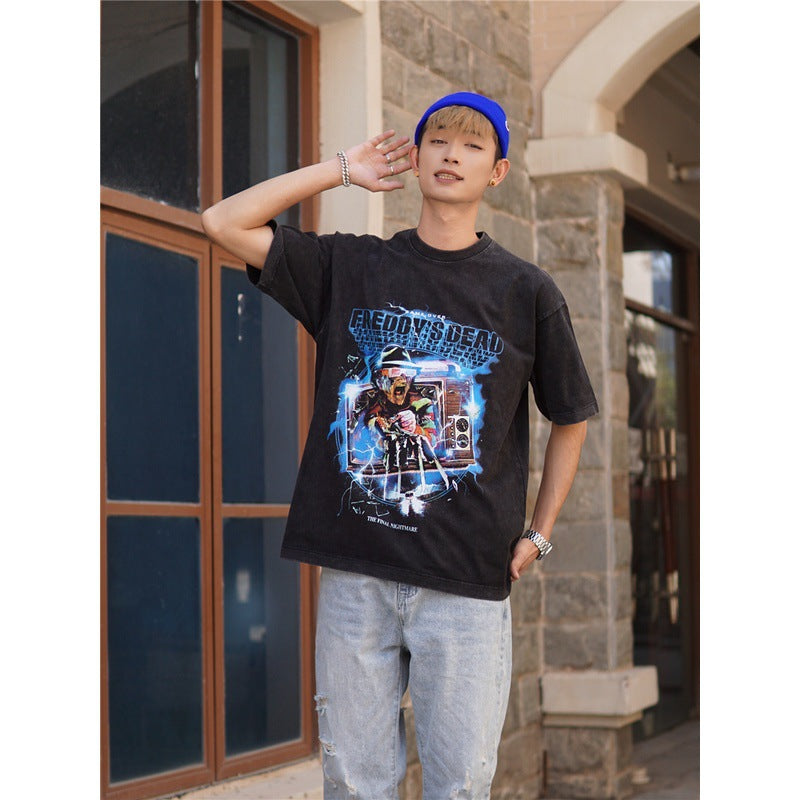 Film Star T Shirt Horror Movie Distressed Fierce Ghost Street Pure Cotton Loose Short Sleeve Trendy Heavy T-shirt Men