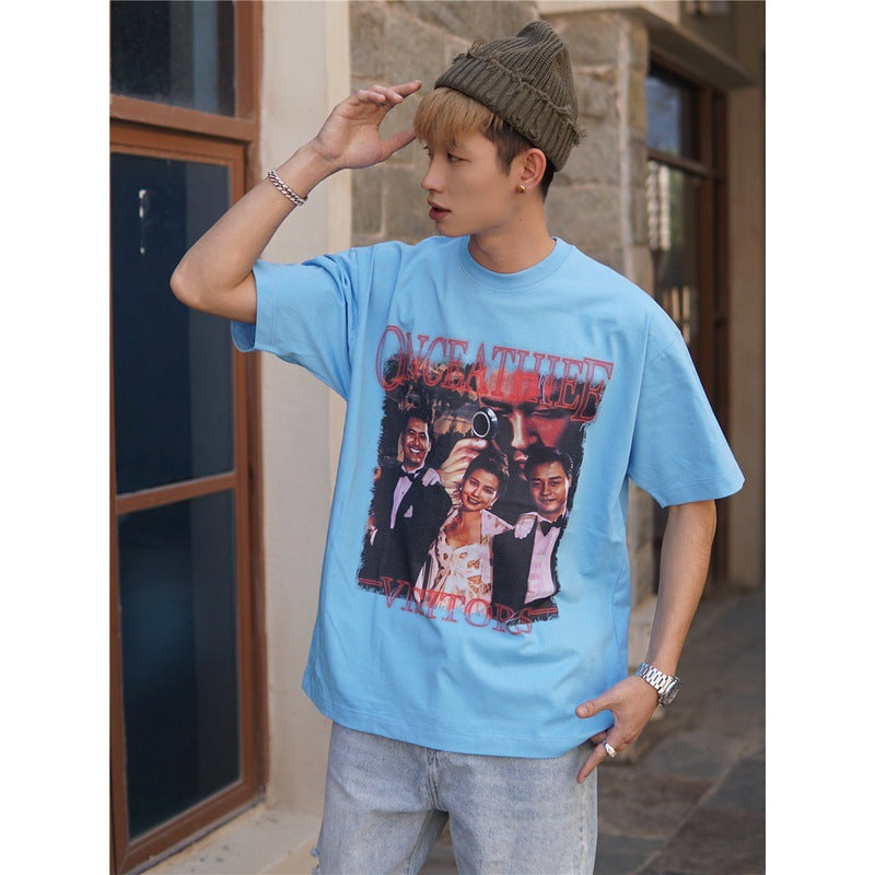 Film Star T Shirt Cotton Short Sleeve Loose round Neck Retro Nostalgic Heavy Printed T-shirt