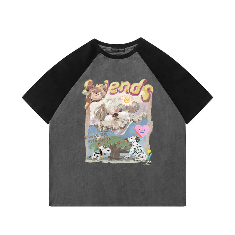 US drip outfits summer vintage doggy casual loose short sleeve T-Shirts