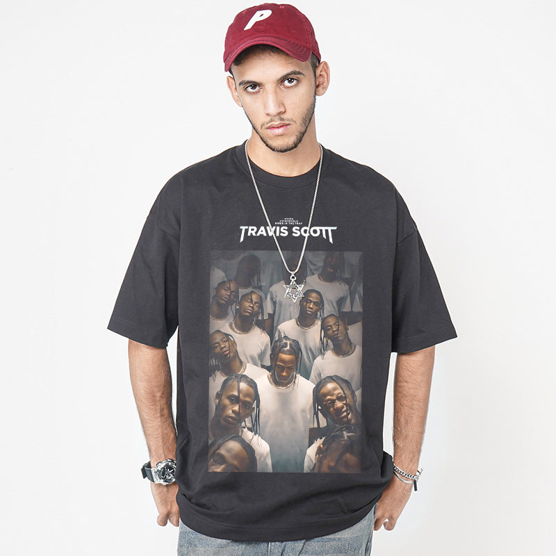 Streetwear masculino hip hop Travis scott rap character print washed do old loose short sleeve t-shirt