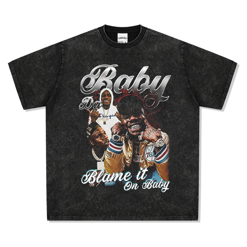 Cool t rapper DaBaby print hip hop rap short sleeve men t retro washed t-shirt loose top