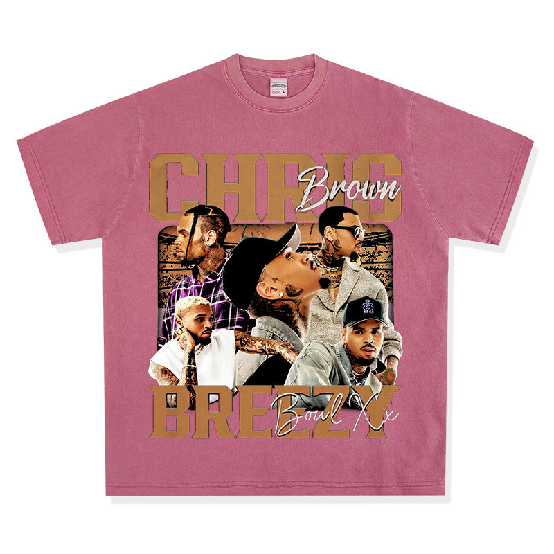 Streetwear masculino vintage hip hop Chris Brown print short-sleeved t-shirt
