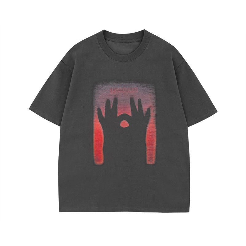 US drip outfits summer hand print round neck casual loose short sleeve T-Shirts