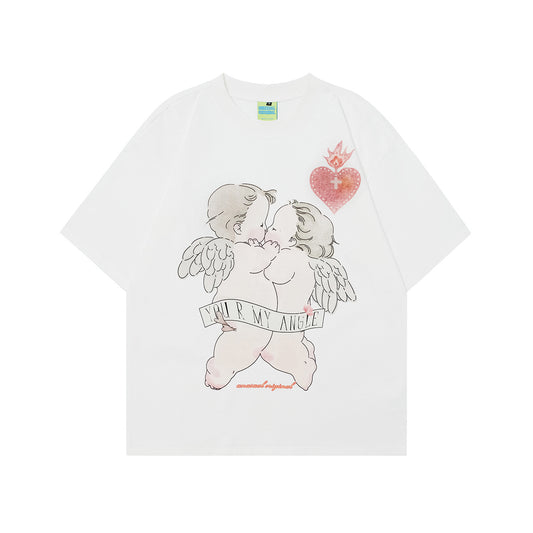 Unisex T-shirts Summer Vintage Cartoon Angel Men's Loose Short Sleeve T-Shirt