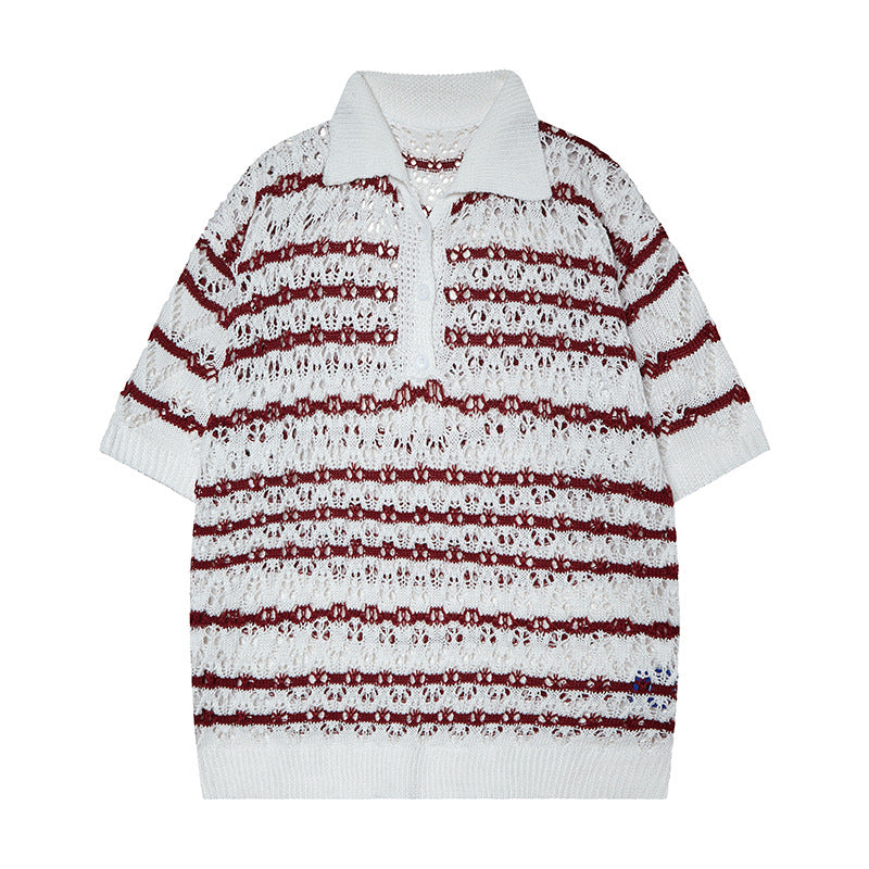Nyc 1990 Shirt Summer Vintage Striped Knitted Hollow POLO Shirt Lapel