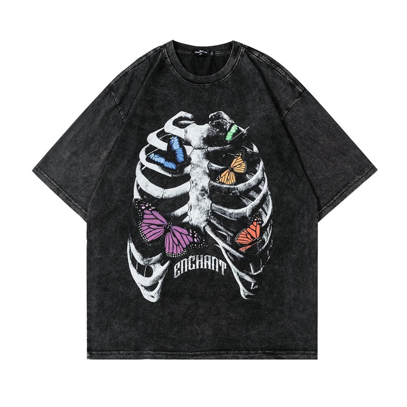 Hip Hop Clothing Summer Short Sleeve Hip Hop Wash T-Shirt Skull Skeleton Print