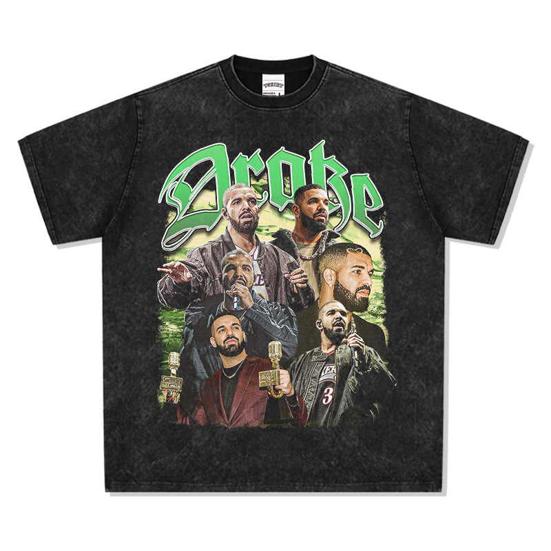 Cool t rapper Drake Printed Hip Hop Street Short Sleeve Vintage Washed T-Shirt Loose Top