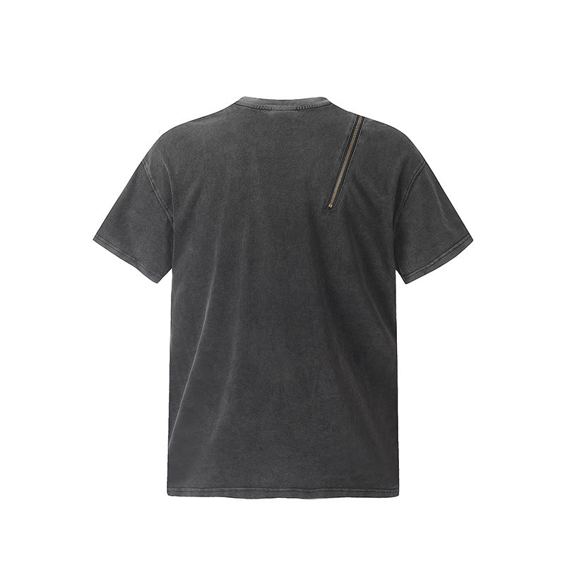 Hip Hop Clothes New York Vintage Washed Old Zip Decorative Short Sleeve T-Shirt