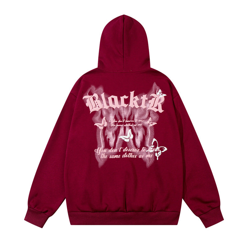 Streetwear Hoodie Butterfly Letter Foam Print Hooded Sweater Autumn Loose