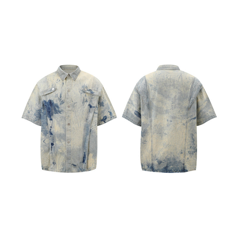 Stone Wash T shirt tie-dye gradual change washed old denim short sleeves