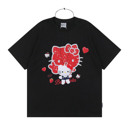 US drip outfits Summer Vintage Pussy Print Casual Loose Short Sleeve T-Shirts
