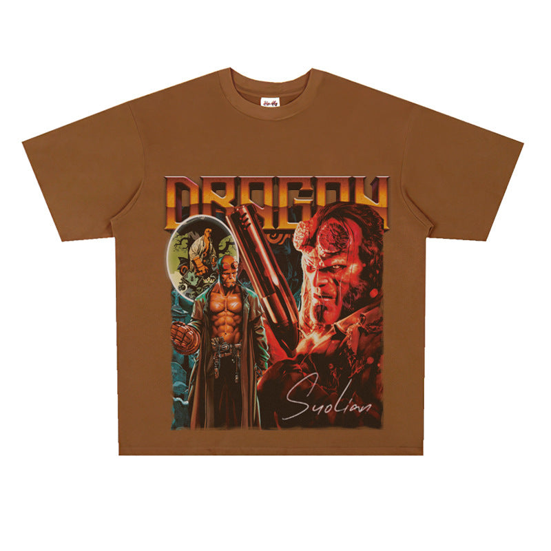 Film Star T Shirt Movie Hellboy Street Style Short Sleeve Loose American Print T-shirt Men and Women