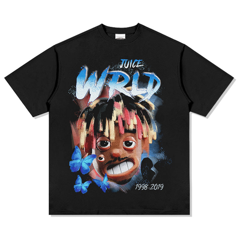 Cool t rapper rap Juice Wrld print hip hop short sleeve vintage loose