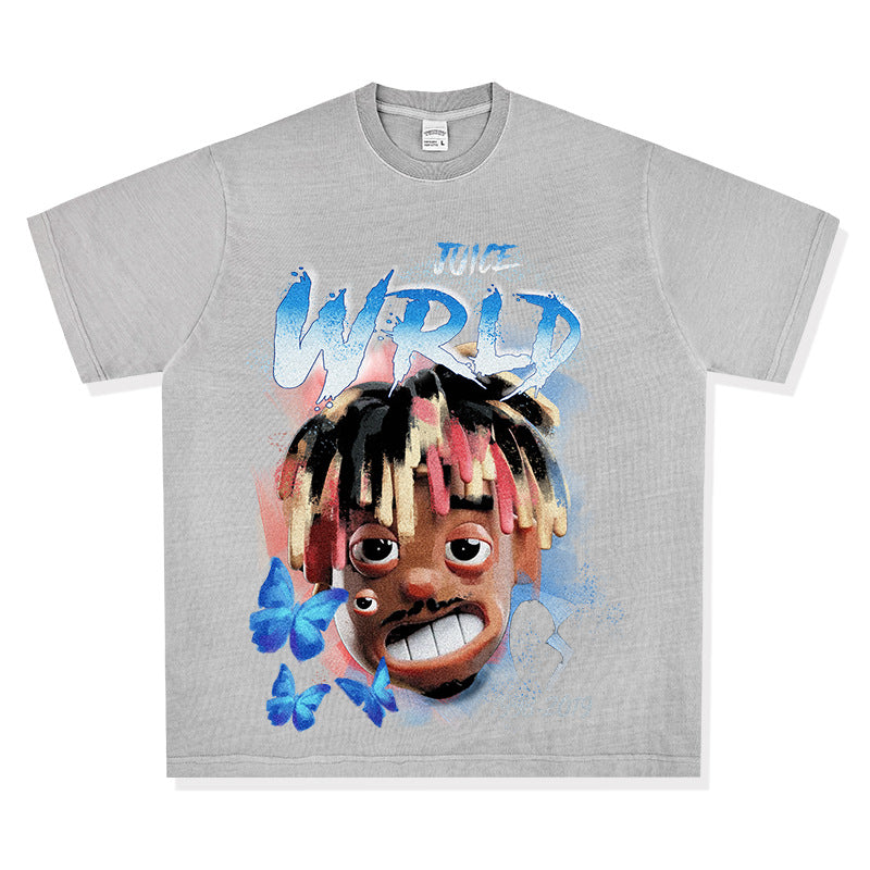 Cool t rapper rap Juice Wrld print hip hop short sleeve vintage loose