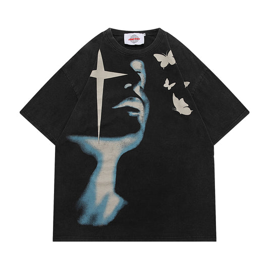 Hip hop shirt short sleeve character wash water old t-shirt