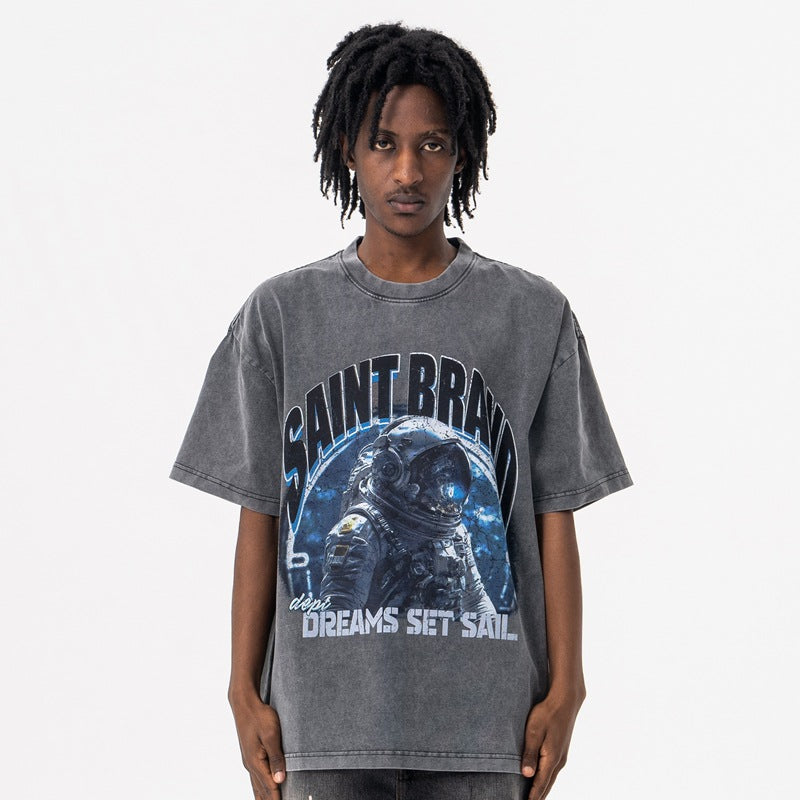 Vintage College Shirts Summer Vintage Washing Water Crew Neck Short Sleeve T-Shirt