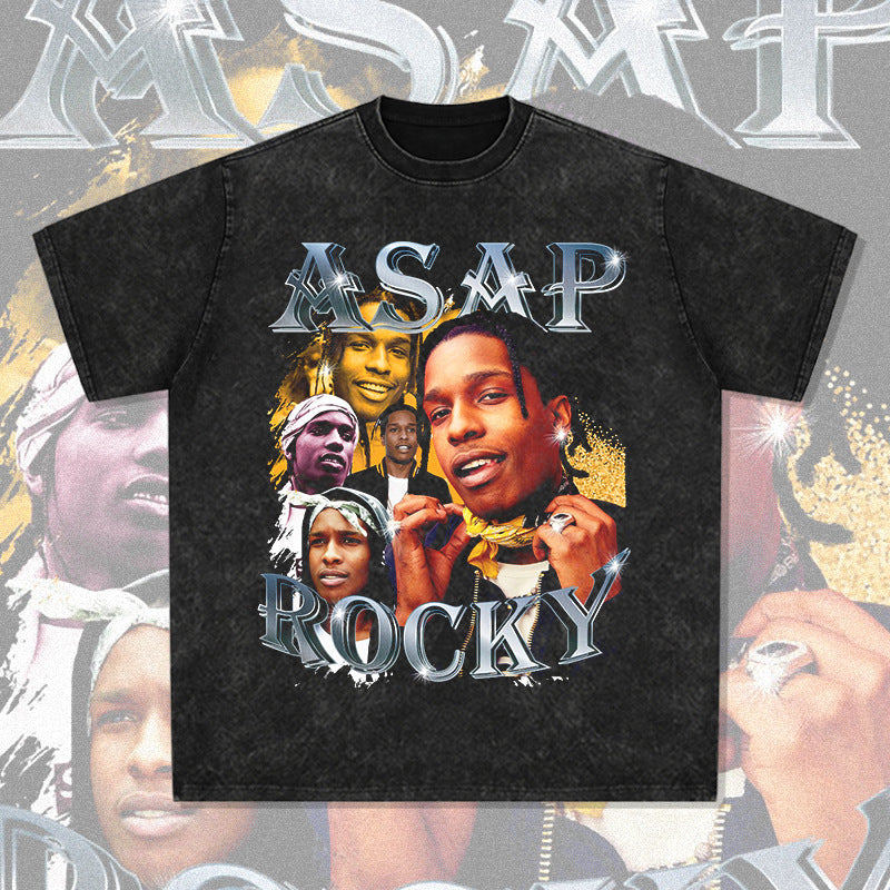Streetwear masculino BC rapper A $AP Rocky vintage Rapper wear loose print short sleeves