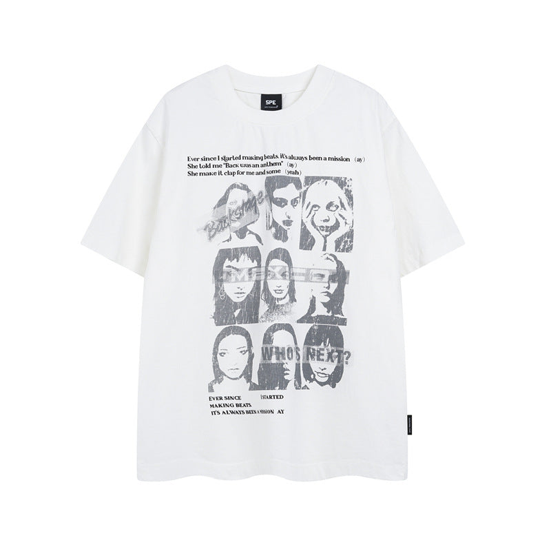 Y2K mens shirt washed portrait letter pattern T-shirt men's short sleeves casual loose