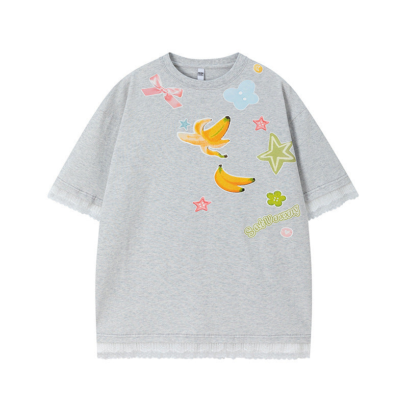 US drip outfits Summer Vintage Fruit Print Casual Loose Short Sleeve T-Shirts
