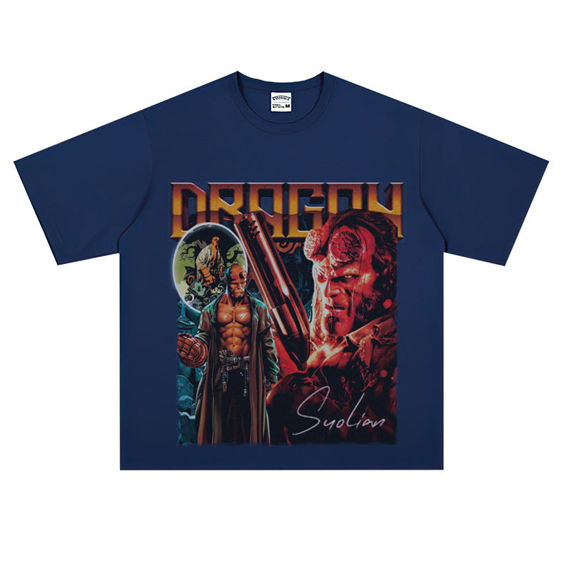 Film Star T Shirt Movie Hellboy Street Style Short Sleeve Loose American Print T-shirt Men and Women