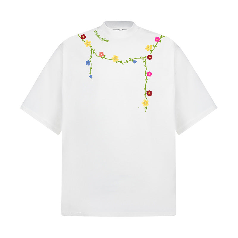 Hip Hop Clothes New York Vintage Floral Embroidery Short Sleeve T-Shirt