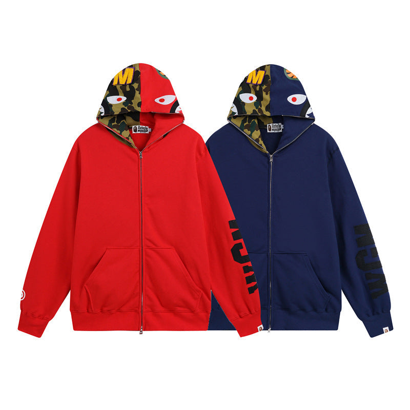 Ape Hoodie Autumn and Winter Shark Head Color Matching Cardigan Loose Sweater Jacket