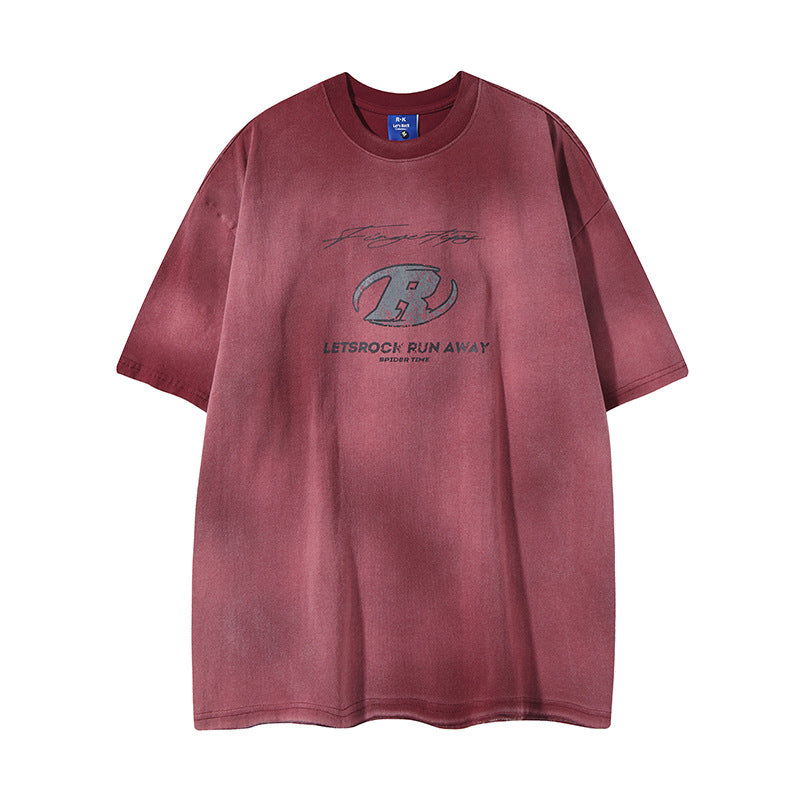 Camisas Retros wash gradual change print men's casual loose sports T-shirt
