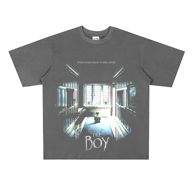 Film Star T Shirt Movie Spirit Doll Contract Pure Cotton Loose Nostalgic Short Sleeve Trendy Heavy T-shirt for Men