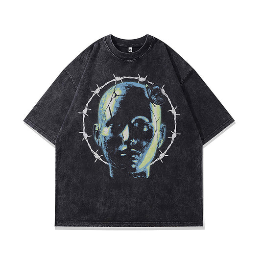 Ropa Vintage Hombre Washed Short Sleeve T-Shirt Crew Neck Top