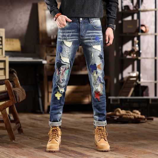 1990 Fashion Jeans Ripped Denim Embroidered Patch Graffiti Straight Pants
