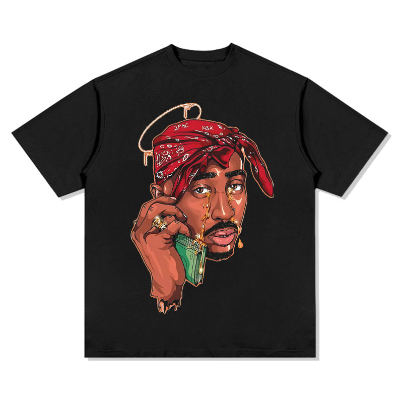 Streetwear masculino vintage hip hop tupac print short sleeve t-shirt