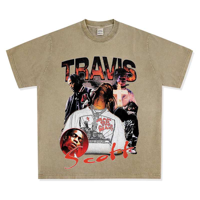 Streetwear masculino TRAVIS SCOTT character print short sleeve VINTAGE hip hop rap t-shirt