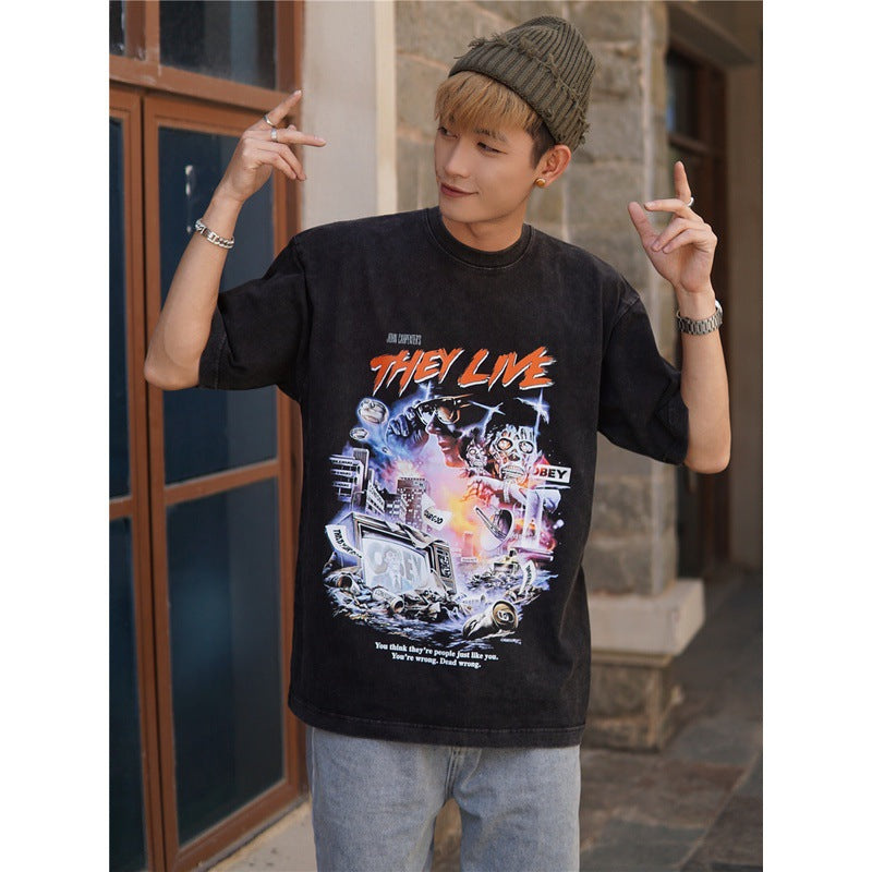 Film Star T Shirt Movie Extreme Space Pure Cotton Loose Short Sleeve American Retro Trendy T-shirt Men