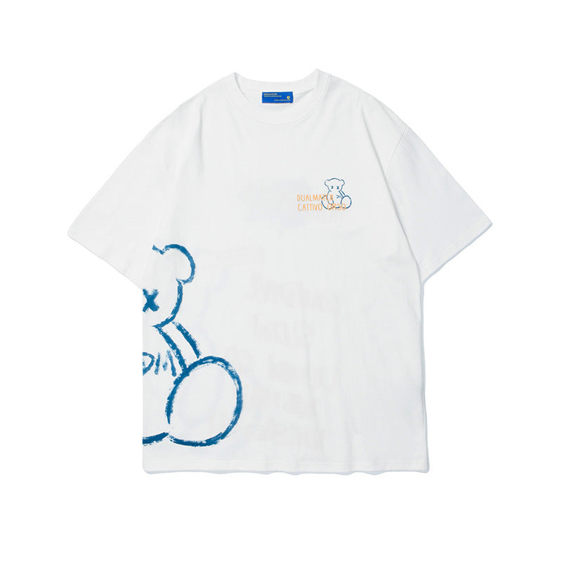Vice streetwear bear graffiti print short sleeve T-shirt loose round neck T-Shirts