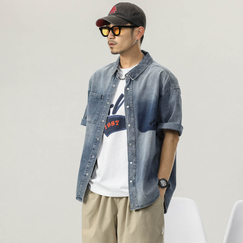 Men T-shirts Vintage Denim Shirt Short Sleeve Summer Loose
