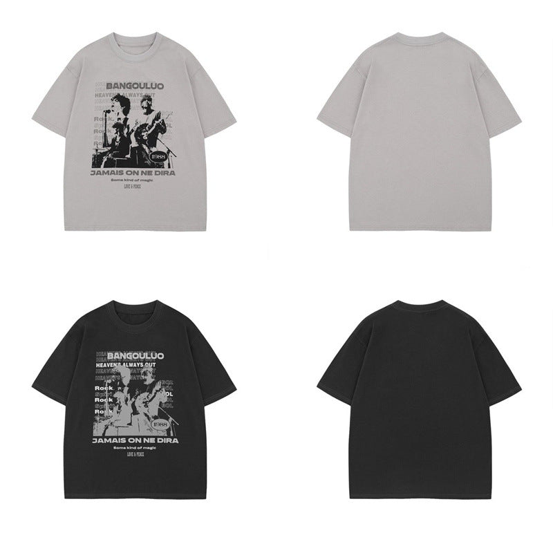 US drip outfits Summer Vintage Singer Design Casual Loose Short Sleeve T-Shirts