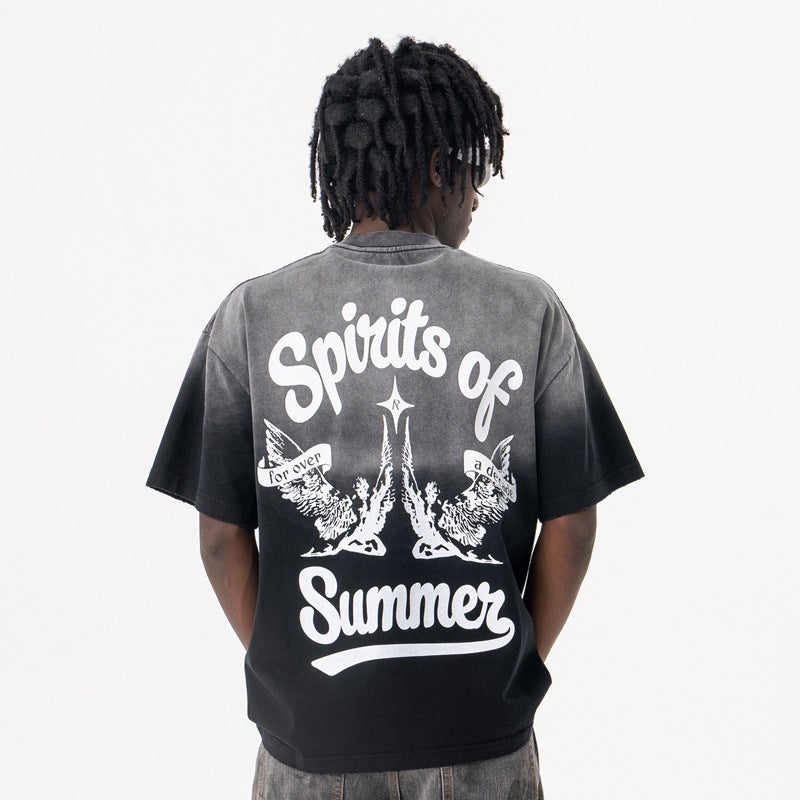 Vic Streetwear summer retro old gradual change washed letter print crew neck short sleeve T-shirt