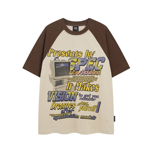 Y2K mens shirt washed spray-painted letter stitching retro loose round neck short-sleeved T-shirt