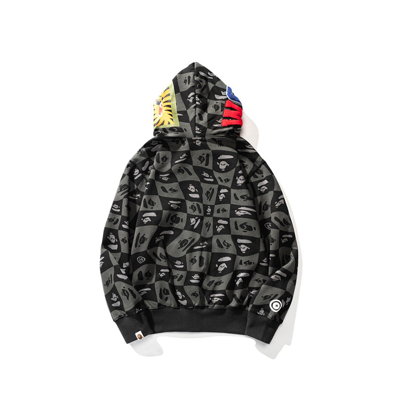Ape Hoodie Checkered Embroidered Black and Grey Sweater Zipper Hooded Jacket Cardigan