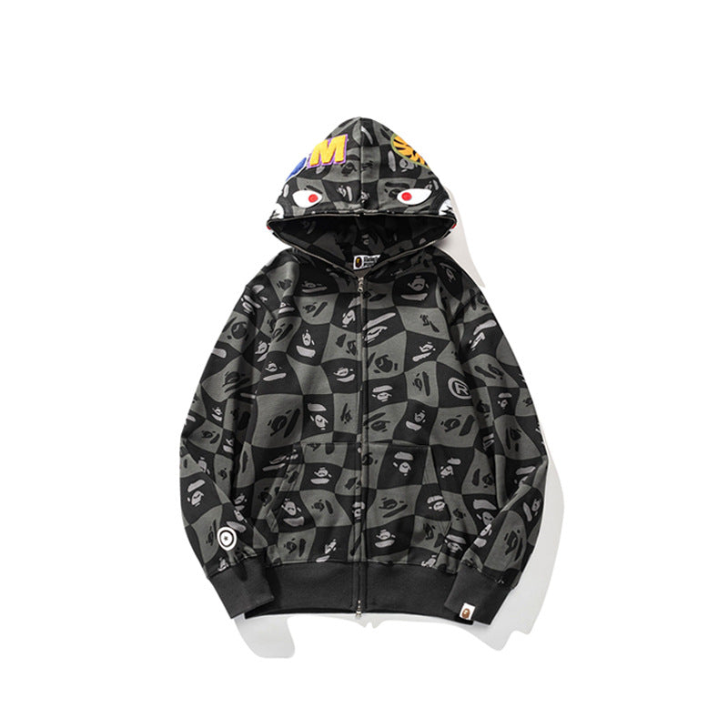 Ape Hoodie Checkered Embroidered Black and Grey Sweater Zipper Hooded Jacket Cardigan